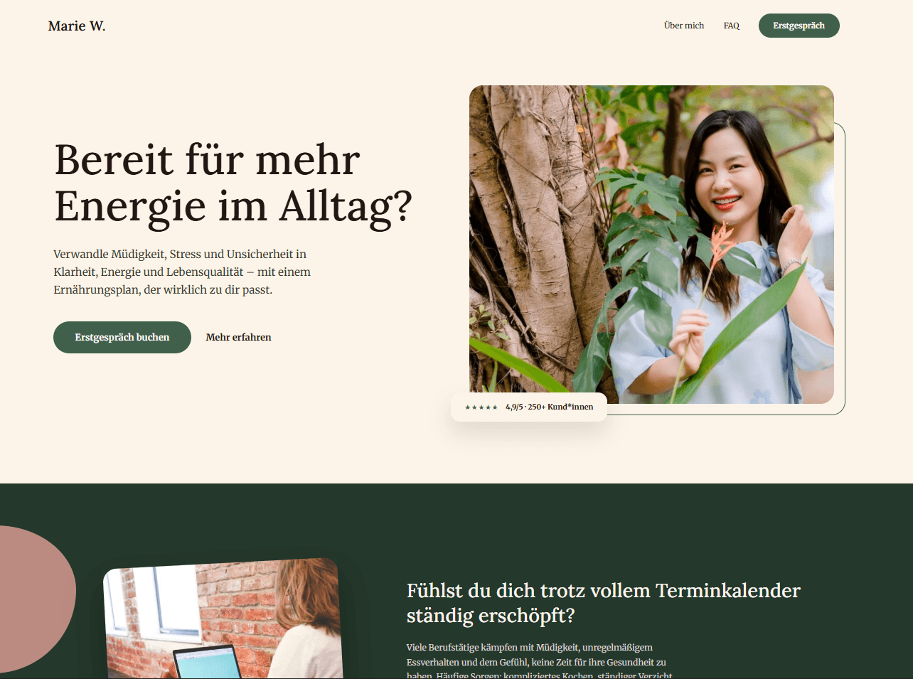 Beispiel-Landingpage für ein Coaching-Angebot mit der Überschrift „Bereit für mehr Energie im Alltag?“