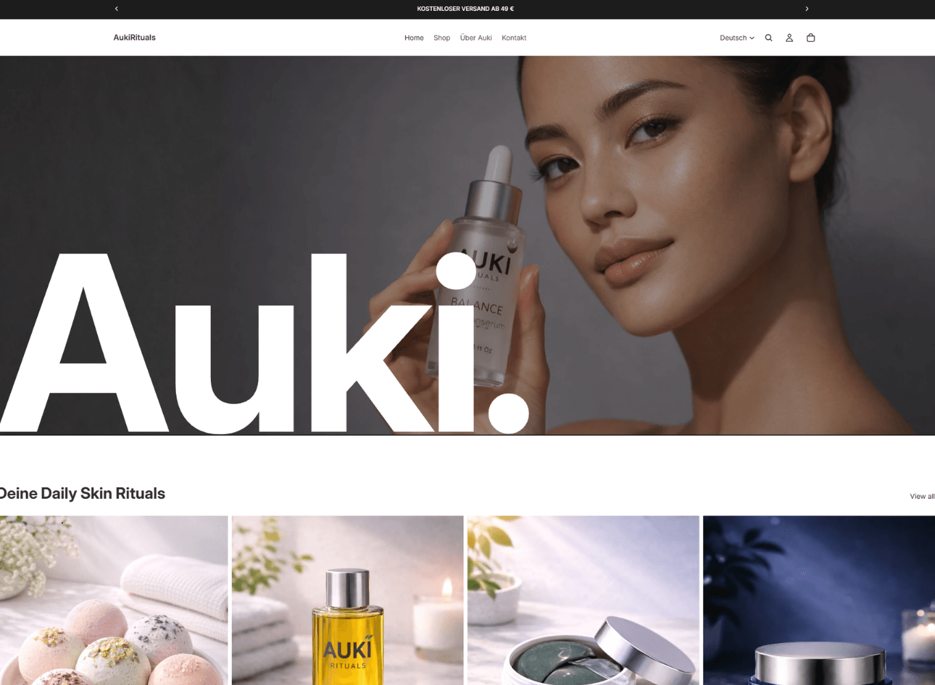 Beispiel-Onlineshop für die Hautpflegemarke AukiRituals mit Produktübersicht