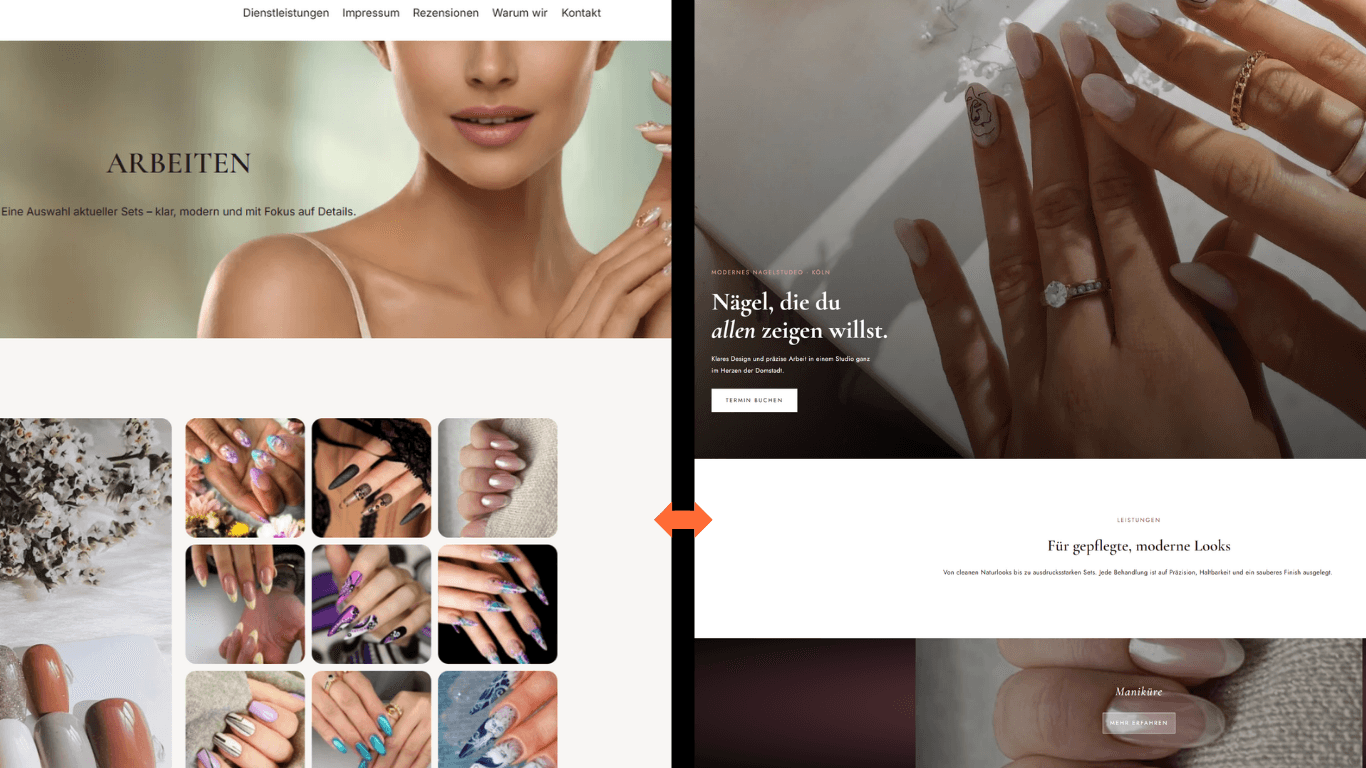 Vorher-nachher-Vergleich eines Redesigns: alte und neue Website eines Nagelstudios