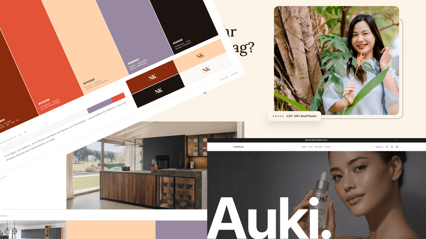 Collage aus Beispielprojekten: Farbsystem, Küchen-Website, Coaching-Landingpage und Onlineshop