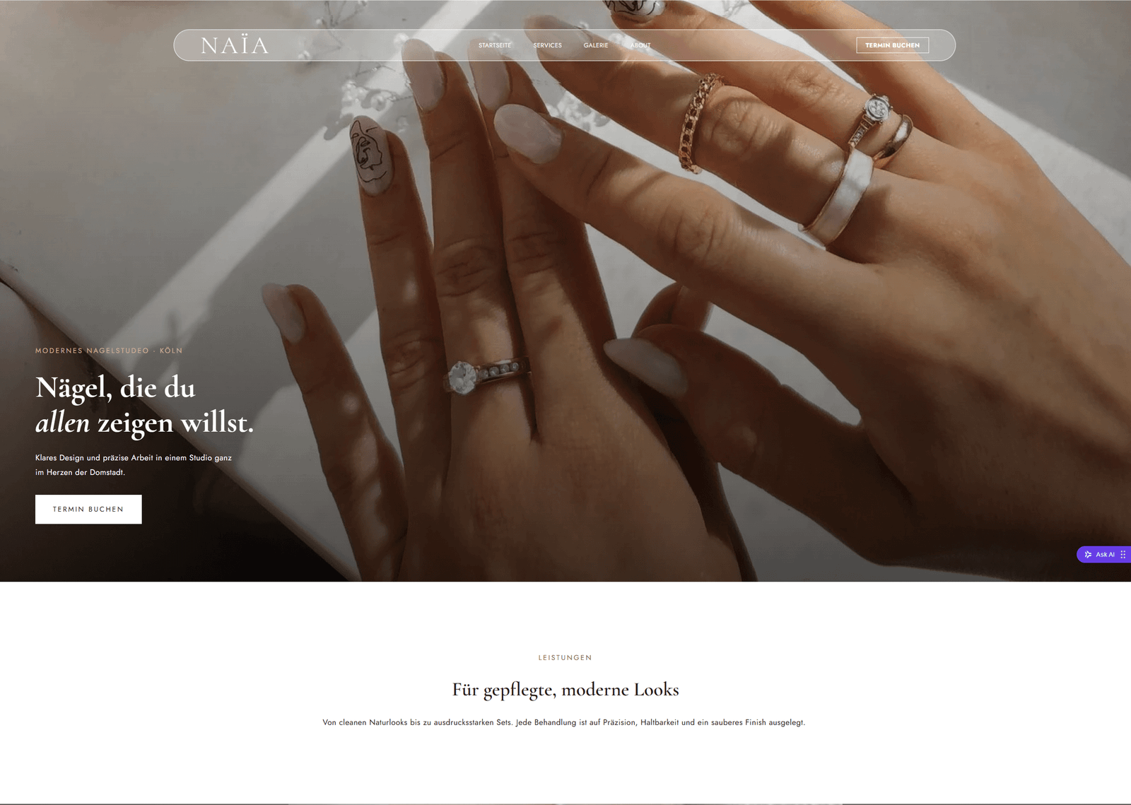 Beispiel-Website für das Nagelstudio Naïa mit der Überschrift „Nägel, die du allen zeigen willst.“